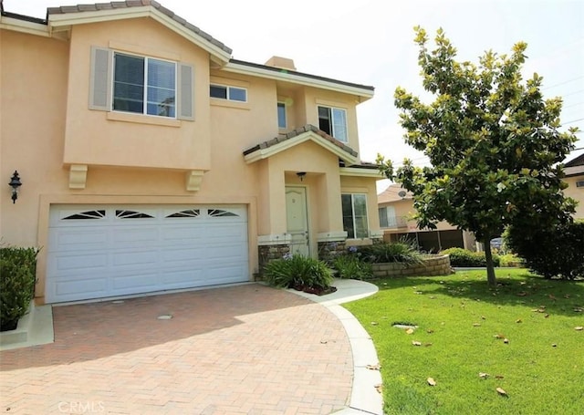 800 W Huntington Dr Unit D, Arcadia, CA 91007 - view of front of property featuring decorative driveway, an attached garage, a front lawn, stucco siding, and a tile roof