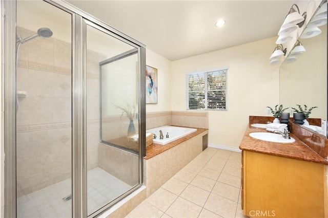 800 W Huntington Dr Unit D, Arcadia, CA 91007 - full bathroom featuring a garden tub, tile patterned flooring, double vanity, a shower stall, and recessed lighting