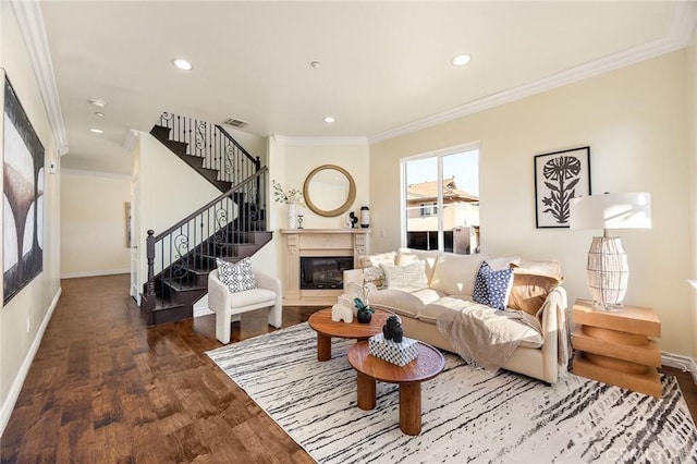 800 W Huntington Dr Unit D, Arcadia, CA 91007 - living area featuring a glass covered fireplace, crown molding, wood finished floors, stairway, and recessed lighting