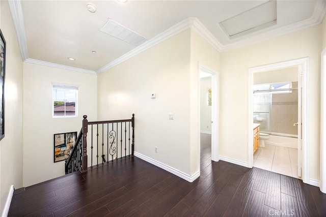 800 W Huntington Dr Unit D, Arcadia, CA 91007 - corridor featuring an upstairs landing, attic access, wood finished floors, crown molding, and recessed lighting