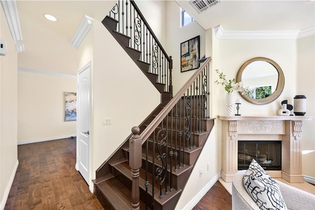 800 W Huntington Dr Unit D, Arcadia, CA 91007 - staircase with crown molding, wood finished floors, a high end fireplace, and recessed lighting