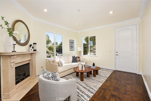 800 W Huntington Dr Unit D, Arcadia, CA 91007 - living area with wood finished floors, ornamental molding, a high end fireplace, and recessed lighting