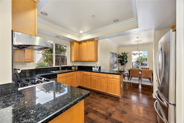 800 W Huntington Dr Unit D, Arcadia, CA 91007 - kitchen featuring freestanding refrigerator, ventilation hood, a peninsula, dark wood-style floors, and a chandelier