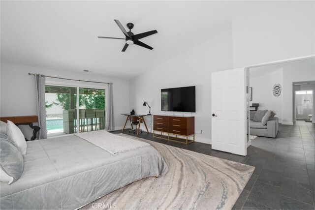 47645 Calle Diamante, Indio, CA 92201 - bedroom featuring access to outside, high vaulted ceiling, and a ceiling fan