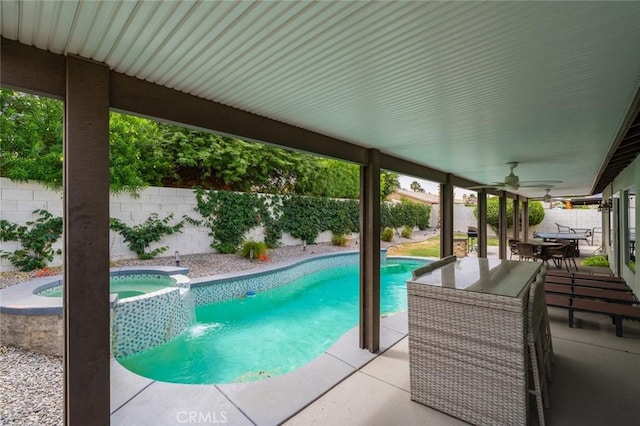 47645 Calle Diamante, Indio, CA 92201 - view of swimming pool featuring ceiling fan, outdoor dining space, a fenced backyard, and a patio
