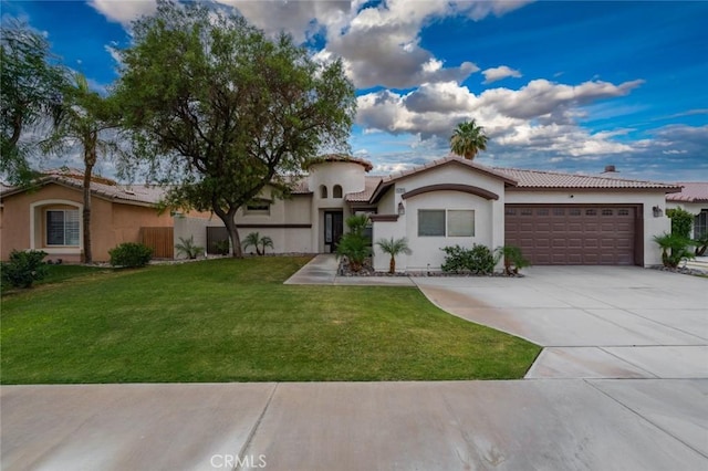 47645 Calle Diamante, Indio, CA 92201 - mediterranean / spanish-style home with stucco siding, a garage, a tile roof, and concrete driveway