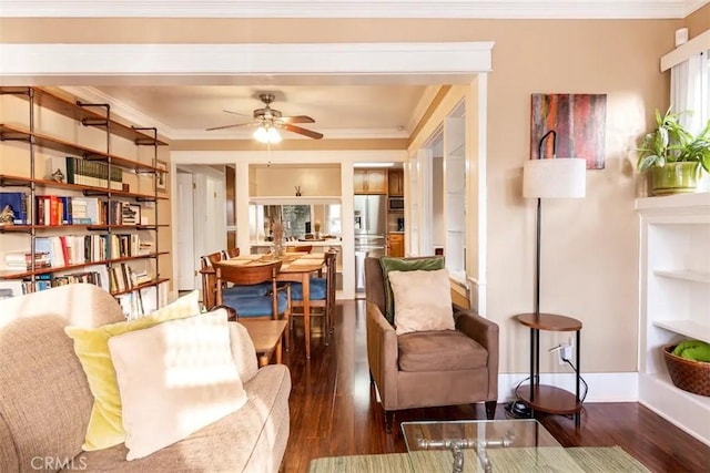 5162 S Manhattan Pl, Los Angeles, CA 90062 - living area featuring wood finished floors, ceiling fan, and crown molding