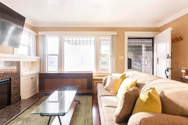 5162 S Manhattan Pl, Los Angeles, CA 90062 - living area featuring ornamental molding, a premium fireplace, and wood finished floors