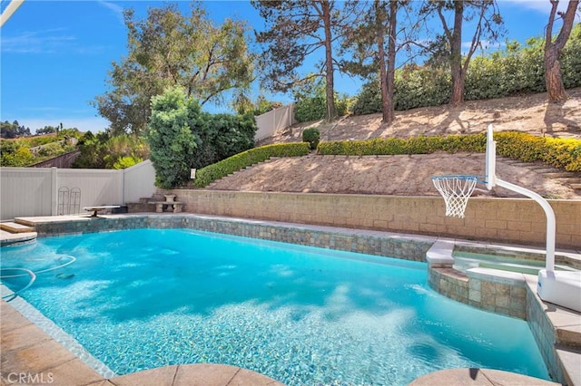 15030 Camino Arroyo, Chino Hills, CA 91709 - view of pool featuring a fenced backyard, a pool with connected hot tub, and a diving board