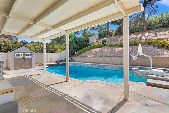 15030 Camino Arroyo, Chino Hills, CA 91709 - view of pool with a fenced backyard, a patio, a shed, and a diving board