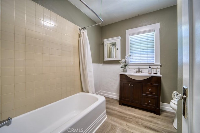 755 Chorro St, San Luis Obispo, CA 93401 - bathroom with wood finished floors, vanity, and shower / bathtub combination with curtain