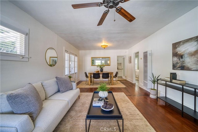 755 Chorro St, San Luis Obispo, CA 93401 - living room featuring wood finished floors, a heating unit, ceiling fan, and plenty of natural light