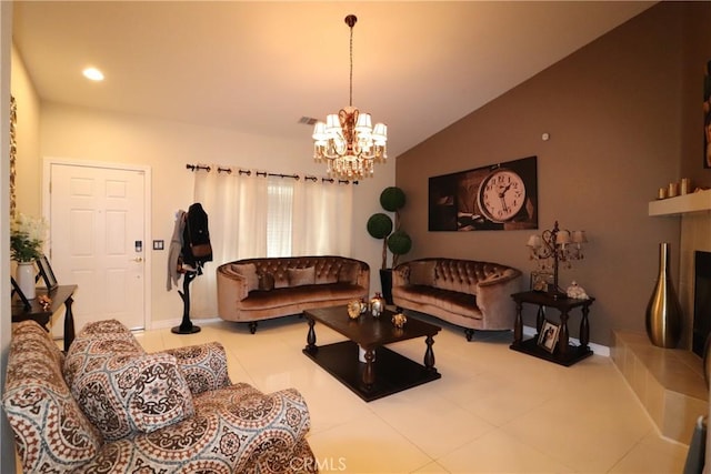 13115 Sunset Canyon Way, Victorville, CA 92395 - living area with a chandelier, tile patterned flooring, vaulted ceiling, and recessed lighting