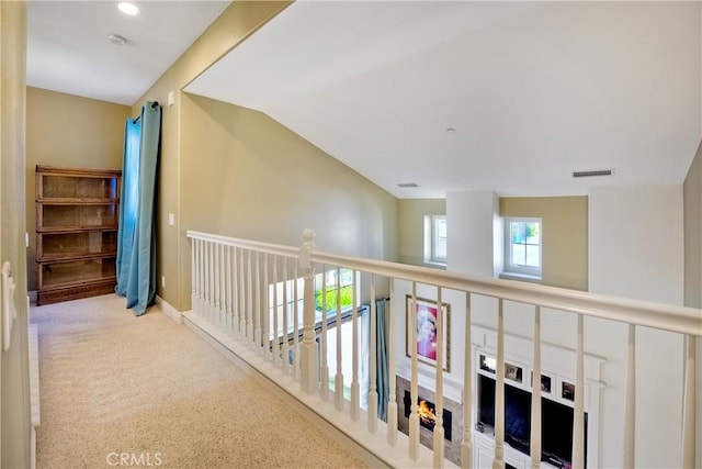 66 Glenalmond Ln, Ladera Ranch, CA 92694 - hall featuring carpet floors, lofted ceiling, and recessed lighting