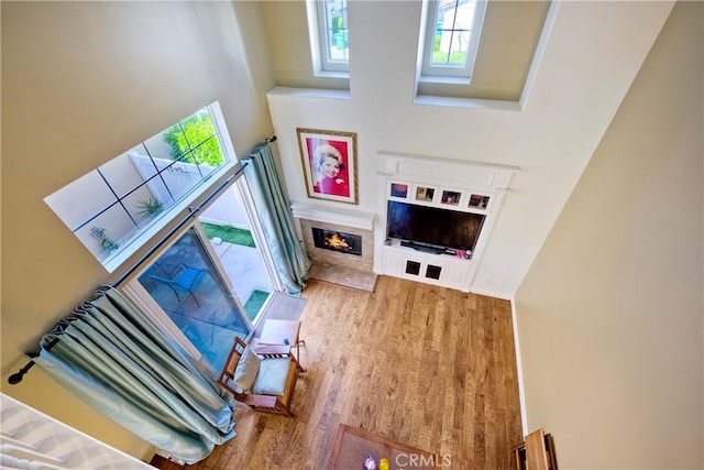 66 Glenalmond Ln, Ladera Ranch, CA 92694 - living room with wood finished floors, a high ceiling, a premium fireplace, and a skylight