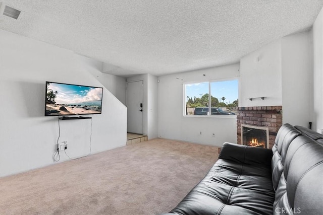 9100 Acacia Ave Unit 6, Fontana, CA 92335 - carpeted living area with a textured ceiling and a brick fireplace