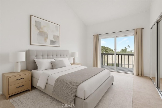 9100 Acacia Ave Unit 6, Fontana, CA 92335 - bedroom featuring access to outside, light colored carpet, and vaulted ceiling