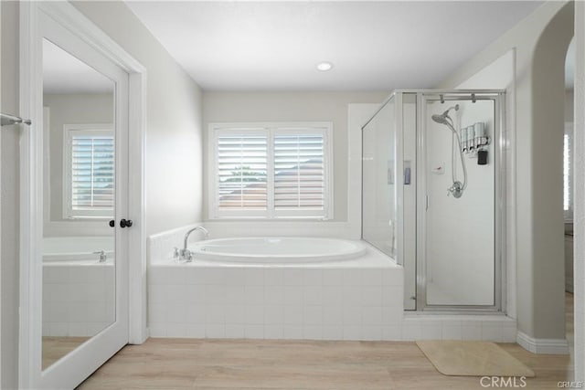 29851 Fox Creek Dr, Menifee, CA 92586 - full bath with a garden tub, wood finished floors, and a shower stall