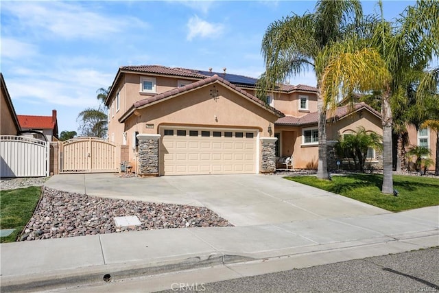 29851 Fox Creek Dr, Menifee, CA 92586 - mediterranean / spanish-style house featuring a gate, stucco siding, a tile roof, a garage, and concrete driveway