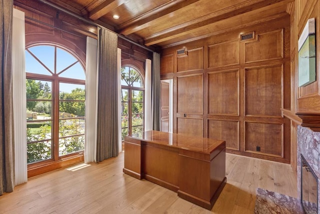 17124 Circa Oriente, Rancho Santa Fe, CA 92067 - unfurnished office featuring a wooden ceiling with exposed beams, light wood finished floors, and wooden walls