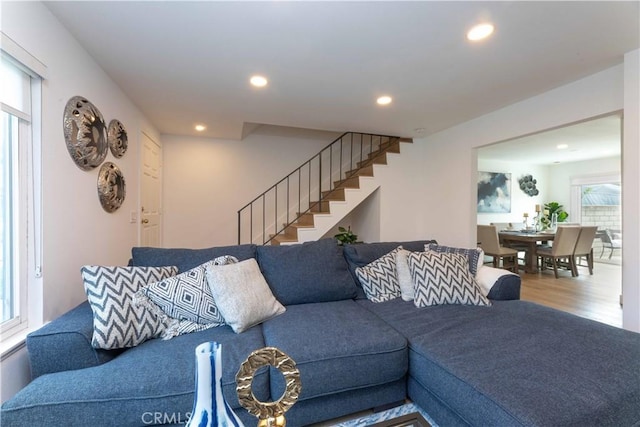 16509 Caballero Ln Unit 30B, Huntington Beach, CA 92649 - living room with stairs, wood finished floors, and recessed lighting