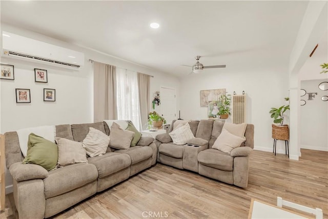 764 W 107th St, Los Angeles, CA 90044 - living area featuring a wall mounted air conditioner, light wood-style floors, ceiling fan, and recessed lighting