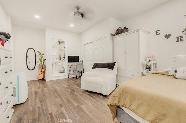 764 W 107th St, Los Angeles, CA 90044 - bedroom with light wood finished floors, an office area, recessed lighting, connected bathroom, and ceiling fan