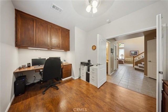 27628 Deerfield Ln, Valencia, CA 91354 - office area featuring ceiling fan and wood finished floors