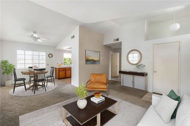 1050 Windmill Ln, Oak Park, CA 91377 - carpeted living room featuring a ceiling fan and high vaulted ceiling