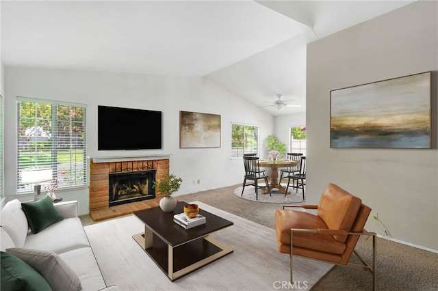 1050 Windmill Ln, Oak Park, CA 91377 - living room with carpet floors, lofted ceiling, a brick fireplace, and ceiling fan