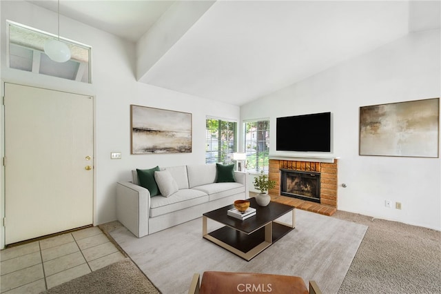 1050 Windmill Ln, Oak Park, CA 91377 - living area with a brick fireplace, carpet flooring, high vaulted ceiling, and tile patterned flooring