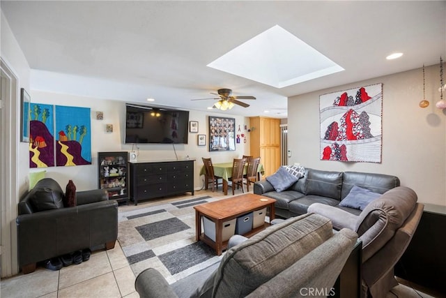 4004 E Horseshoe Ln Unit 54, Anaheim, CA 92807 - living room with light tile patterned flooring, a ceiling fan, recessed lighting, and a skylight