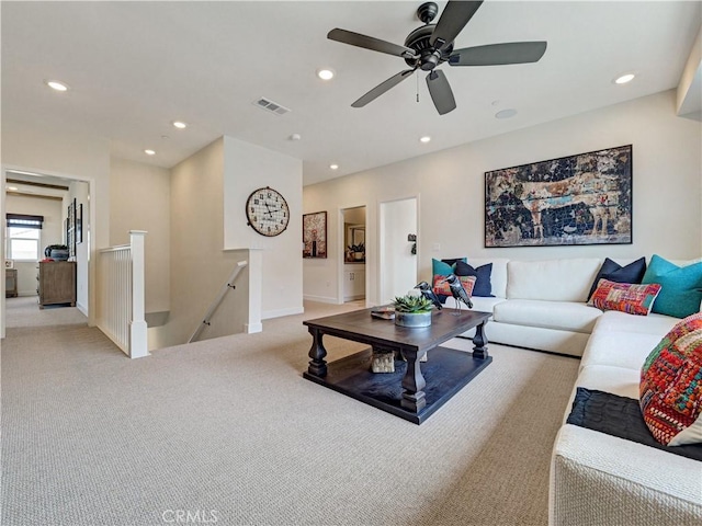17151 Kent St, Hesperia, CA 92345 - living room with recessed lighting, light colored carpet, and a ceiling fan