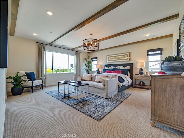17151 Kent St, Hesperia, CA 92345 - bedroom featuring light carpet, multiple windows, a chandelier, beam ceiling, and recessed lighting