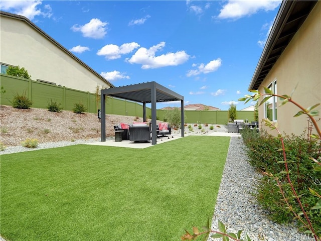 17151 Kent St, Hesperia, CA 92345 - fenced backyard with a patio area, an outdoor hangout area, and a pergola