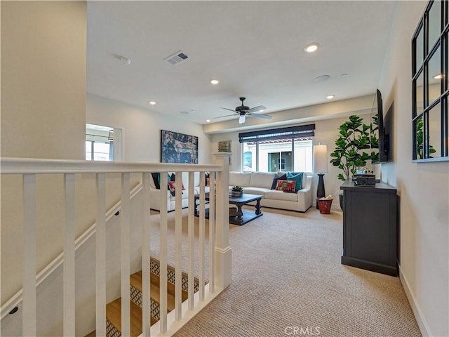 17151 Kent St, Hesperia, CA 92345 - living area with healthy amount of natural light, light carpet, ceiling fan, and recessed lighting
