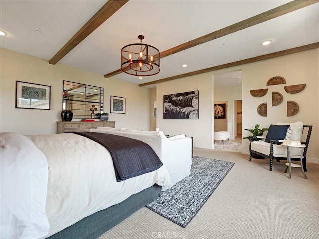 17151 Kent St, Hesperia, CA 92345 - bedroom featuring beamed ceiling, recessed lighting, a chandelier, carpet flooring, and an office area