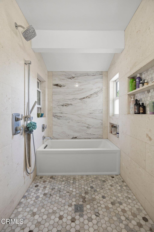 2325 Parkway Dr, Camarillo, CA 93010 - bathroom with beamed ceiling, a bathtub, and a shower