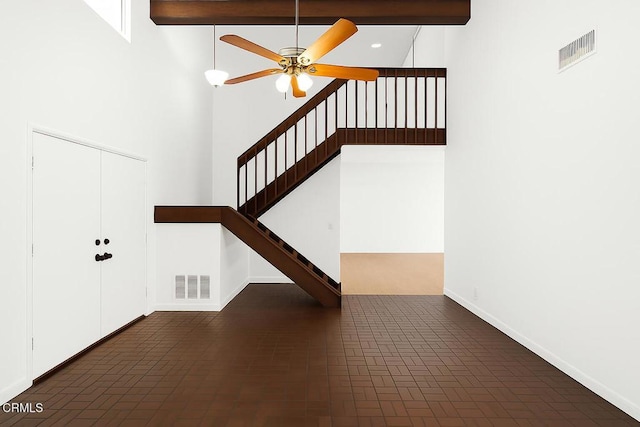 2325 Parkway Dr, Camarillo, CA 93010 - entryway with brick patterned floors, a ceiling fan, stairs, a high ceiling, and recessed lighting