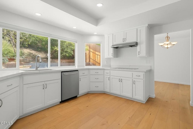 2325 Parkway Dr, Camarillo, CA 93010 - kitchen featuring dishwasher, under cabinet range hood, black electric stovetop, a chandelier, and white cabinets