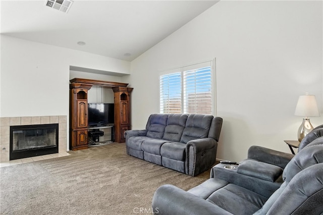 13525 Evanston St, Victorville, CA 92392 - carpeted living area featuring a fireplace and high vaulted ceiling