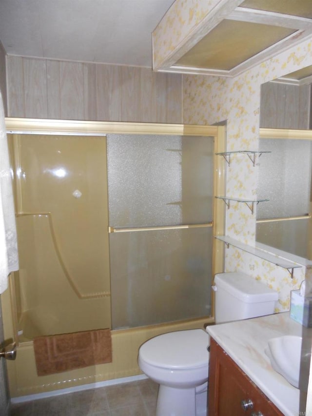 955 Howard Ave Unit 40, Escondido, CA 92029 - full bathroom with vanity, enclosed tub / shower combo, and tile patterned flooring