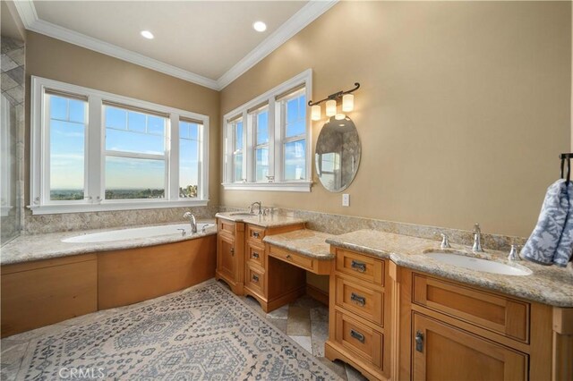 35655 52nd St E, Palmdale, CA 93552 - full bathroom with vanity, a bath, ornamental molding, and recessed lighting