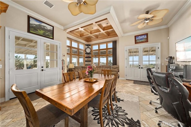 35655 52nd St E, Palmdale, CA 93552 - dining space with french doors, stone tile flooring, coffered ceiling, a ceiling fan, and crown molding