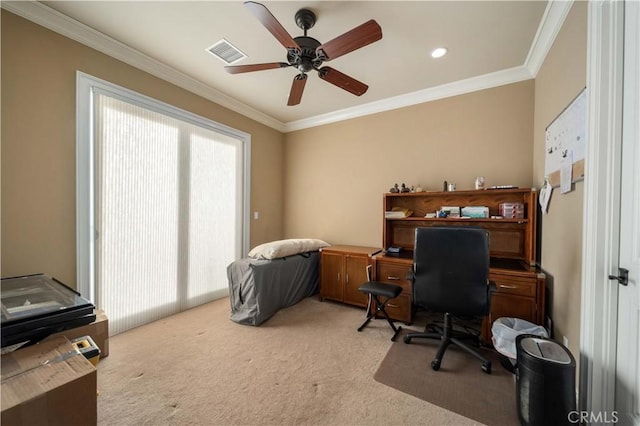 35655 52nd St E, Palmdale, CA 93552 - home office with light carpet, healthy amount of natural light, a ceiling fan, ornamental molding, and recessed lighting