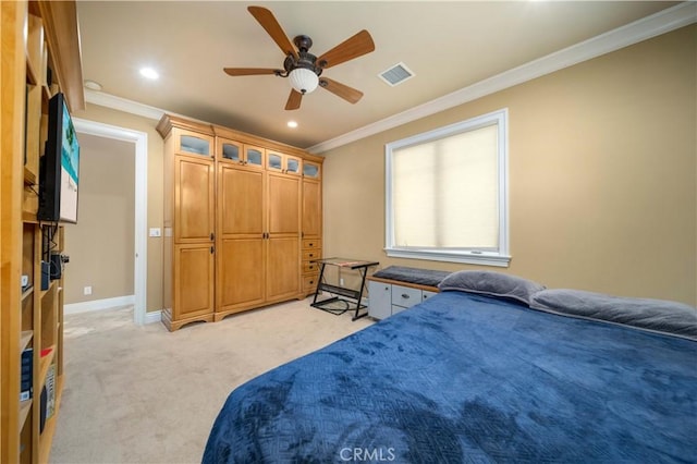 35655 52nd St E, Palmdale, CA 93552 - bedroom featuring ornamental molding, light carpet, recessed lighting, and ceiling fan