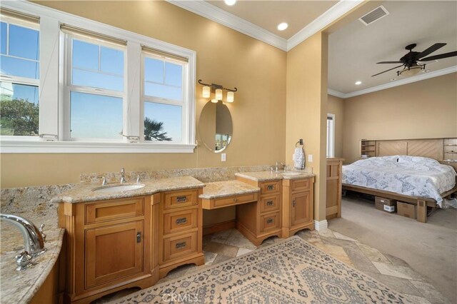 35655 52nd St E, Palmdale, CA 93552 - full bathroom with double vanity, crown molding, connected bathroom, ceiling fan, and recessed lighting