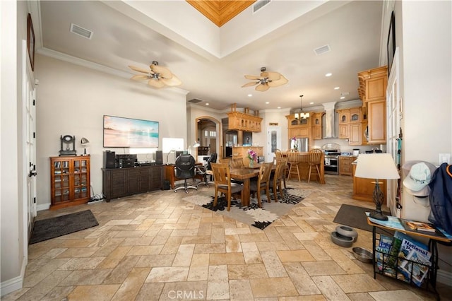 35655 52nd St E, Palmdale, CA 93552 - dining area with a ceiling fan, recessed lighting, crown molding, and a chandelier
