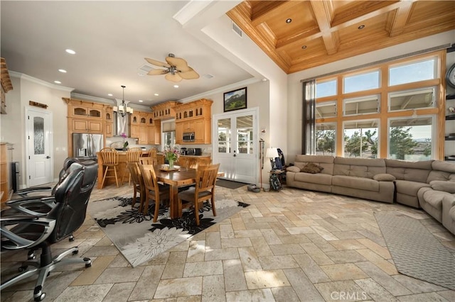 35655 52nd St E, Palmdale, CA 93552 - dining area with ornamental molding, recessed lighting, coffered ceiling, a ceiling fan, and beamed ceiling