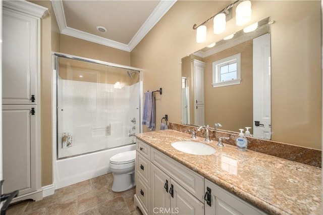 35655 52nd St E, Palmdale, CA 93552 - bathroom with vanity, ornamental molding, and combined bath / shower with glass door